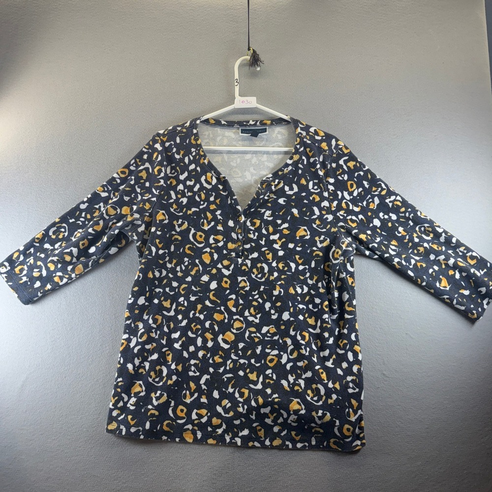 Karen Scott Womens 1X Leopard Print Henley Top Navy Yellow 3/4 Sleeve Casual